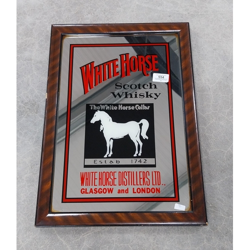 554 - Framed White Horse Scotch Whiskey advertising mirror. {50 cm H x 30 cm W}.