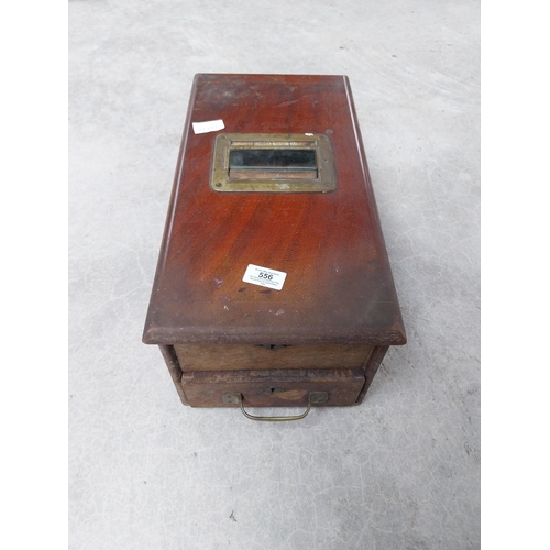 556 - Early 20th C mahogany and brass counter top shop till. {18 cm H x 33 cm W x 43 cm D}.