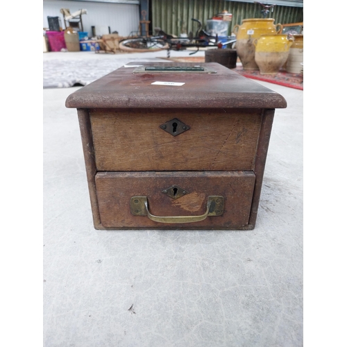 556 - Early 20th C mahogany and brass counter top shop till. {18 cm H x 33 cm W x 43 cm D}.