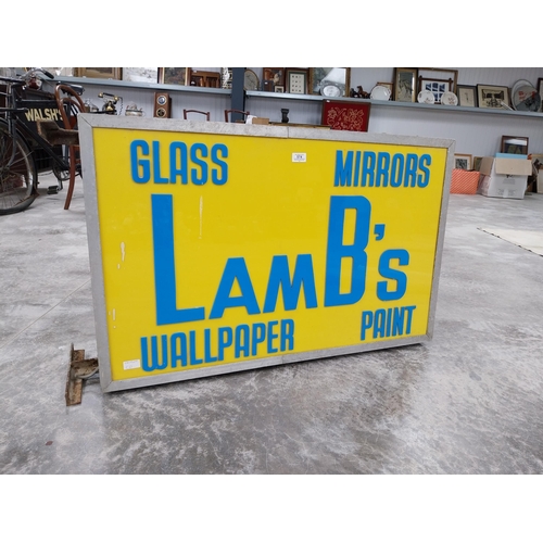 574 - Lamb's Glass Mirrors Wallpaper Paints double sided Perspex and metal light up hanging advertising si... 