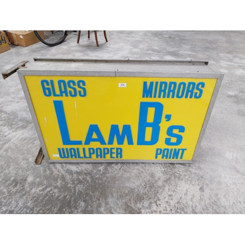 574 - Lamb's Glass Mirrors Wallpaper Paints double sided Perspex and metal light up hanging advertising si... 