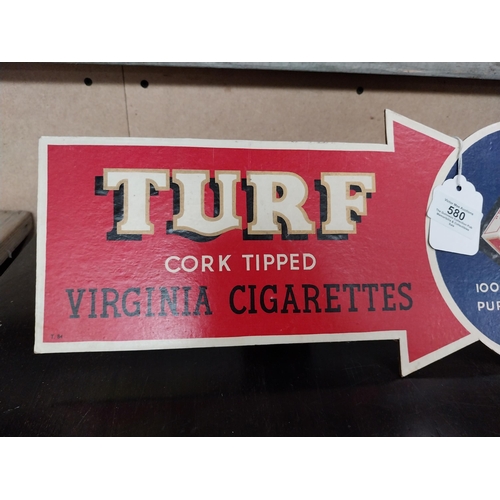 580 - Turf Cork Tipped Cigarettes cardboard shelf showcard. {18 cm H x 35 cm W}.