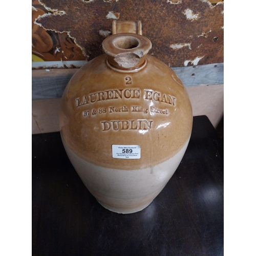 589 - L Egan North King Street Dublin Two gallon stoneware whiskey flagon. {49 cm H x 32 cm Dia.}.