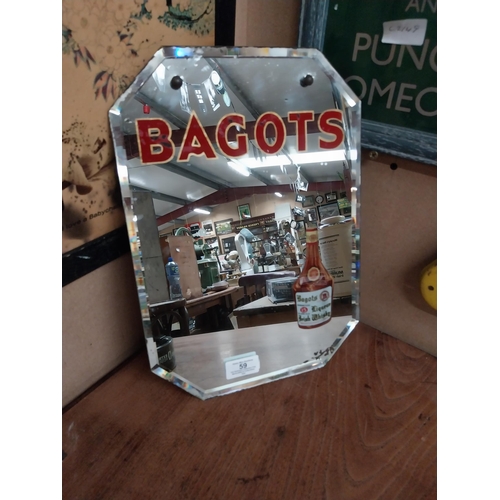 59 - Bagots Irish Whiskey advertising mirror. {25 cm H x 26 cm D}