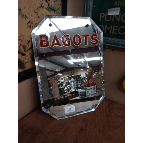 59 - Bagots Irish Whiskey advertising mirror. {25 cm H x 26 cm D}