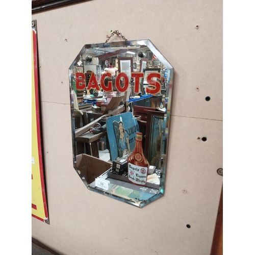 59 - Bagots Irish Whiskey advertising mirror. {25 cm H x 26 cm D}