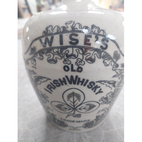 594 - Rare Wise's Old Irish Whisky advertising stoneware flagon {18 cm H x 11 cm W x 12 cm D}.