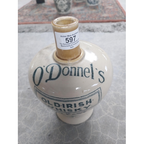 597 - O'Donnell's Old Irish Whisky Belfast advertising stoneware flagon {20 cm H x 13 cm W x 13 cm D}.