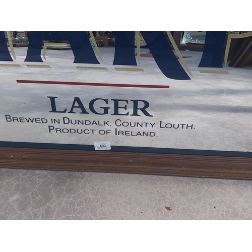 603 - 20th C. Harp Lager brewed in Dundalk, Co. Louth framed advertising mirror {82 cm H x 163 cm W}.