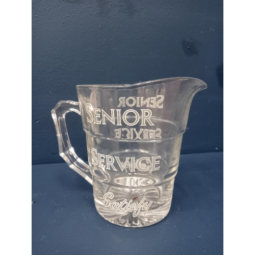 608 - Senior Service Satisfy glass advertising jug {H 154cm x W 20cm }. - NOT AVAILABLE TO VIEW IN PERSON