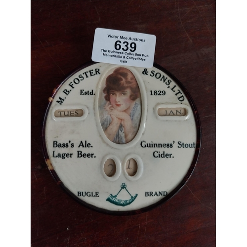 639 - Rare 1920's M B Foster & Sons small round cream plastic calendar Bass's Ale Lager Beer and Guinness'... 