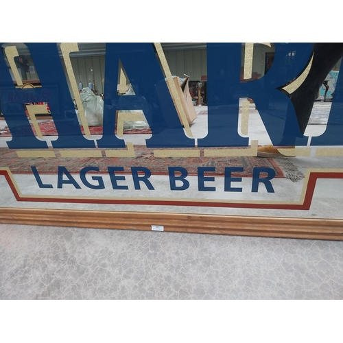 651 - 20th C. Brewed in Ireland Harp Lager Beer framed advertising mirror {86 cm H x 167 cm W}.