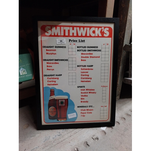 66 - Framed Smithwicks price list. {49 cm H x 36 cm W}.