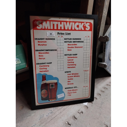 66 - Framed Smithwicks price list. {49 cm H x 36 cm W}.