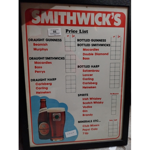 66 - Framed Smithwicks price list. {49 cm H x 36 cm W}.