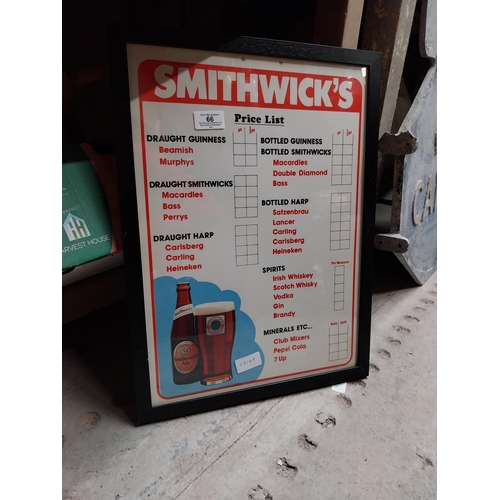 66 - Framed Smithwicks price list. {49 cm H x 36 cm W}.