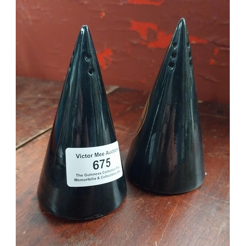 675 - Guinness salt and pepper pots - cone shape. {10 cm H x 5 cm W}. PART OF THE DAVID HUGHES COLLECTION.