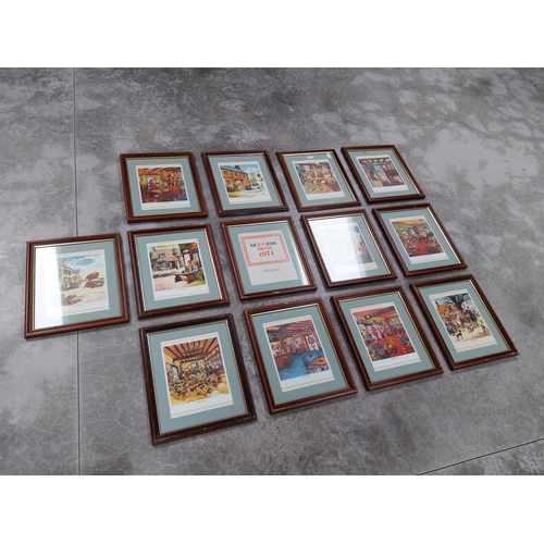 679 - Set of twelve plus one framed 1974 Guinness Signs signed by Norman Thelwell. {46 cm H x 38 cm W}.