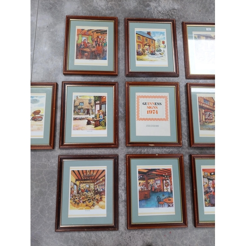 679 - Set of twelve plus one framed 1974 Guinness Signs signed by Norman Thelwell. {46 cm H x 38 cm W}.