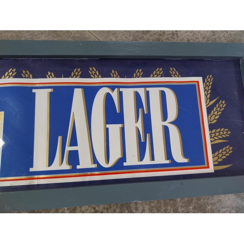 692 - Framed Harp Lager advertising print. {40 cm H x 159 cm W}