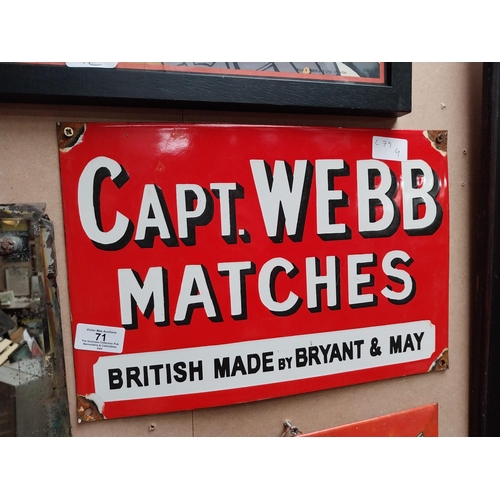 71 - Capt. Webb Matches British Made by Bryant and May enamel advertising sign. {24 cm H x 36 cm W}.