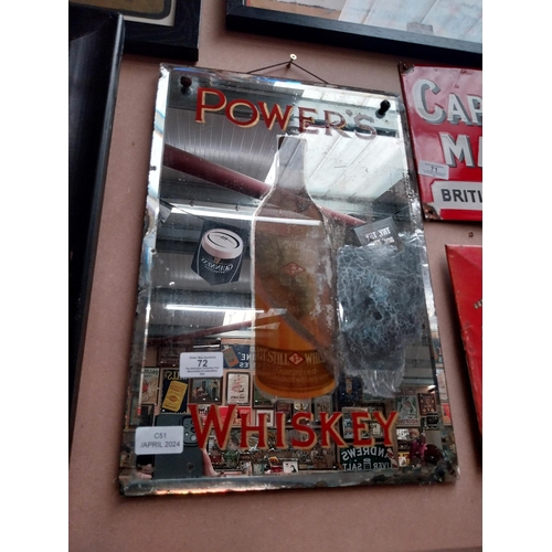 72 - Original Power's Whiskey advertising mirror. {45 cm H x 30 cm W}.