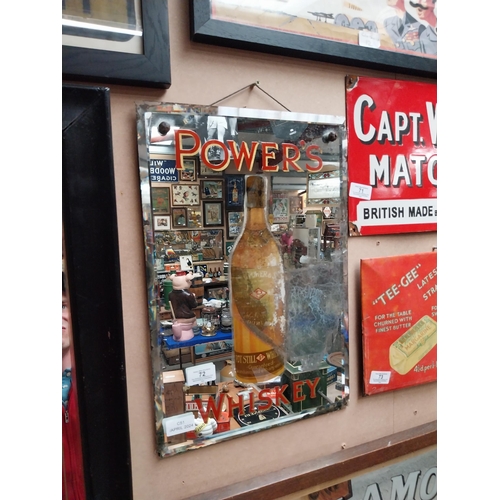 72 - Original Power's Whiskey advertising mirror. {45 cm H x 30 cm W}.