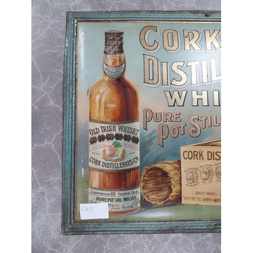 721 - Tinplate Cork Distillers Pure Pot Whisky advertising sign. {32 cm H x 42 cm W}.