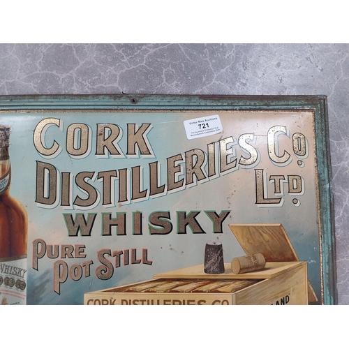 721 - Tinplate Cork Distillers Pure Pot Whisky advertising sign. {32 cm H x 42 cm W}.