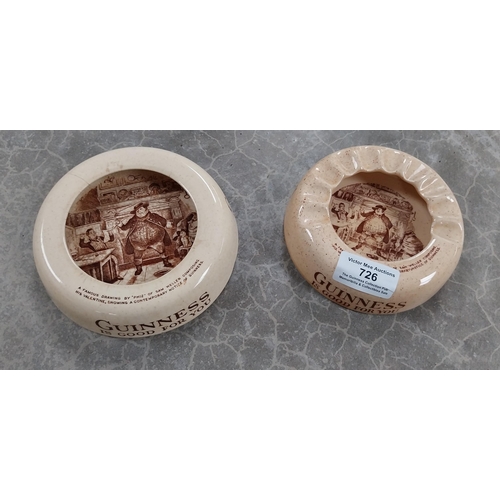 726 - Two Sam Weller Stoke on Trent Guinness Ashtrays. {3 cm H x 12 cm Dia.}. PART OF THE DAVID HUGHES COL... 