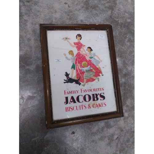 732 - Jacob's Family Favourites Biscuits and Cakes framed showcard. {56 cm H x 43 cm W}.