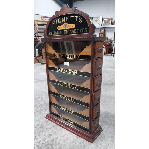 737 - Early 20th C. Hignett's Reliable Cigarettes advertising dispensing cabinet on reverse painted glass.... 