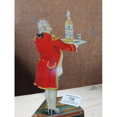 739 - Dewar's White Label Whisky tinplate advertising figure of a butler. { 25cm H X 11cm W }.