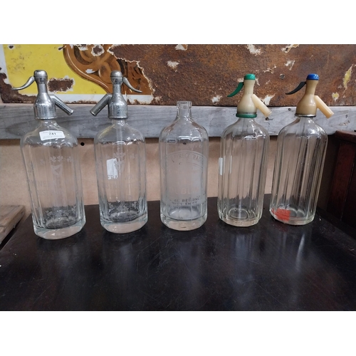 741 - Four Dublin Mineral Water glass siphons - Irish Direct Trading Dublin. {30 cm H x 10 cm Dia.}