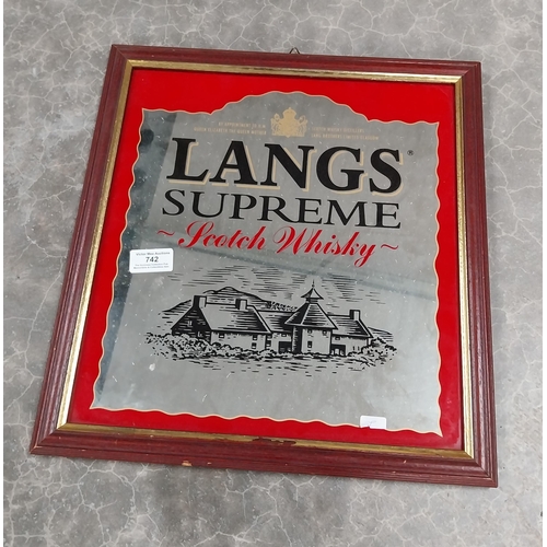 742 - Framed Lang's Supreme Scotch Whisky advertising mirror. {40 cm H x 38 cm W}.