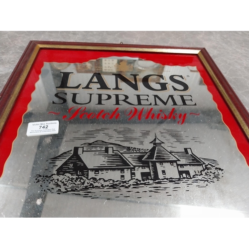 742 - Framed Lang's Supreme Scotch Whisky advertising mirror. {40 cm H x 38 cm W}.