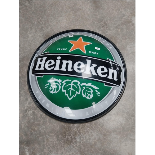 743 - Heineken Perspex half advertising sign. {76 cm Dia.}.