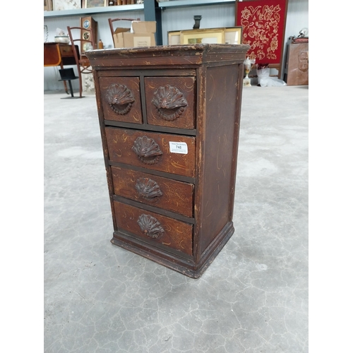 748 - 19th C. scumbled pine shop cabinet with two short drawers over three long drawers with carved wooden... 