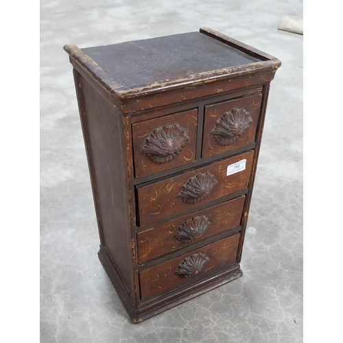 748 - 19th C. scumbled pine shop cabinet with two short drawers over three long drawers with carved wooden... 