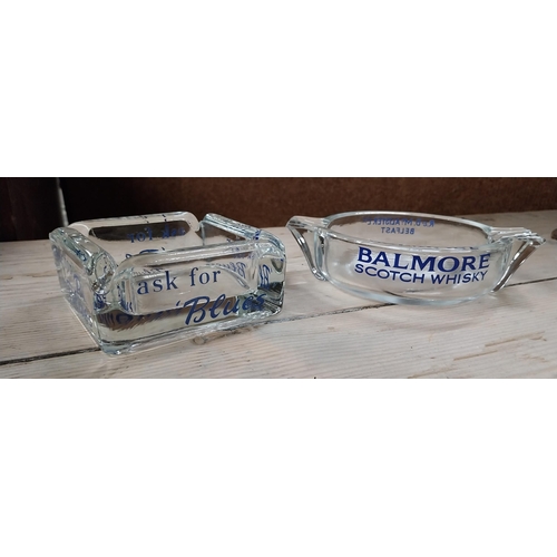 750 - Ask for Blue's glass ashtray {4 cm H x 10 cm W x 10 cm D} and Balmore Scotch Whiskey glass ashtray {... 