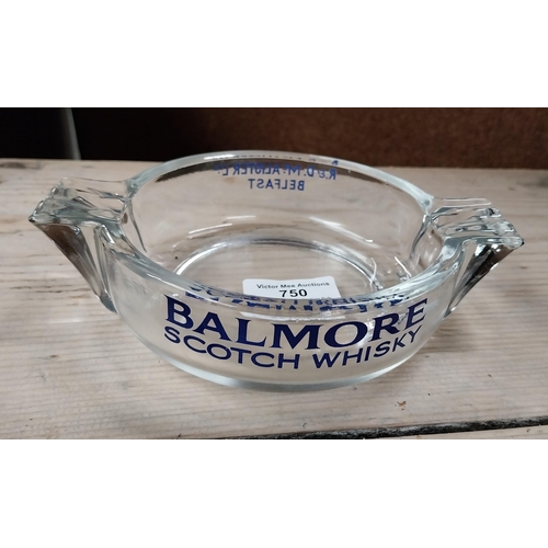 750 - Ask for Blue's glass ashtray {4 cm H x 10 cm W x 10 cm D} and Balmore Scotch Whiskey glass ashtray {... 