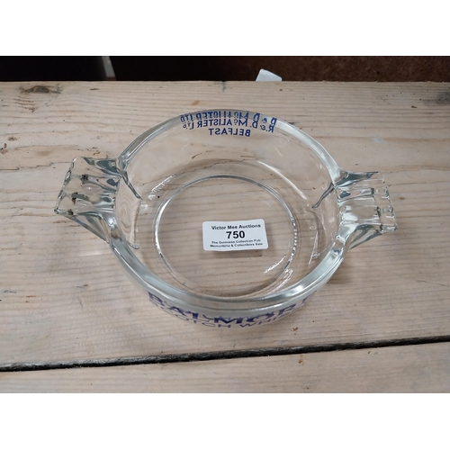 750 - Ask for Blue's glass ashtray {4 cm H x 10 cm W x 10 cm D} and Balmore Scotch Whiskey glass ashtray {... 