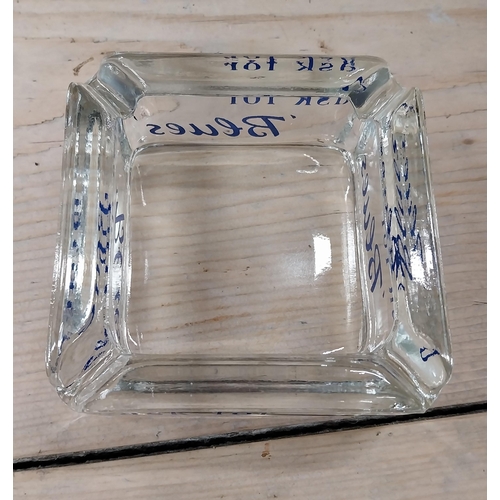 750 - Ask for Blue's glass ashtray {4 cm H x 10 cm W x 10 cm D} and Balmore Scotch Whiskey glass ashtray {... 