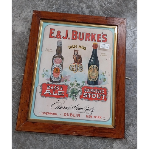 751 - Rare original E and J Burke's Bass Ale and Guinness Stout framed advertising print. {49 cm H x 40 cm... 