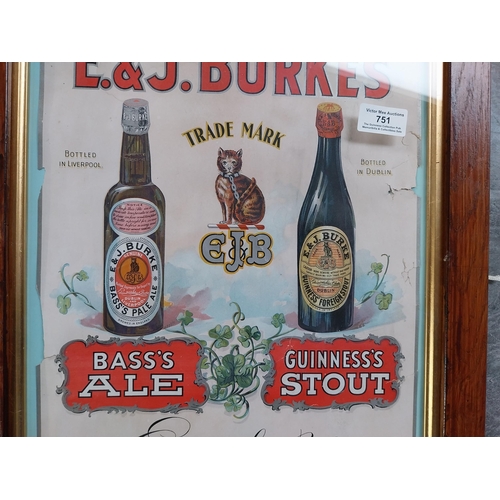 751 - Rare original E and J Burke's Bass Ale and Guinness Stout framed advertising print. {49 cm H x 40 cm... 