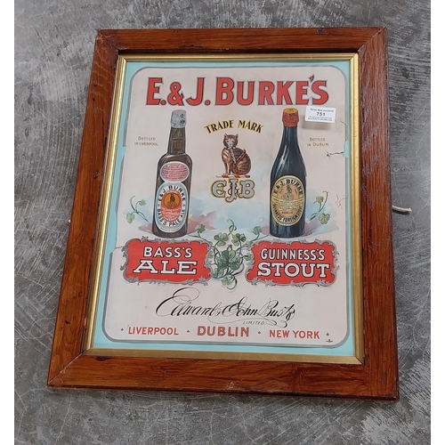 751 - Rare original E and J Burke's Bass Ale and Guinness Stout framed advertising print. {49 cm H x 40 cm... 