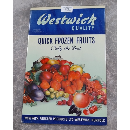 770 - Westwick Quick Quality Frozen Fruits celluloid counter advertising sign. {37 cm H x 25 cm W}.