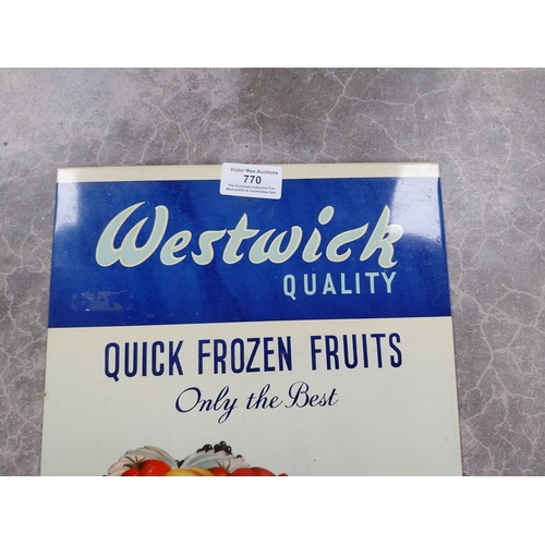 770 - Westwick Quick Quality Frozen Fruits celluloid counter advertising sign. {37 cm H x 25 cm W}.