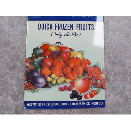 770 - Westwick Quick Quality Frozen Fruits celluloid counter advertising sign. {37 cm H x 25 cm W}.