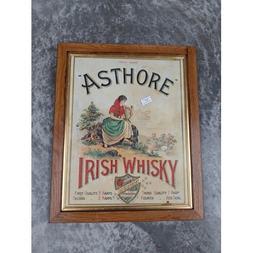 773 - Rare Asthore Irish Whisky framed advertising showcard. {64 cm H x 53 cm W}.